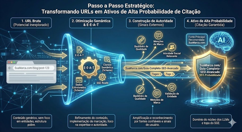 Passo a passo estratégico para transformar suas URLs em ativos de alta probabilidade de citação.