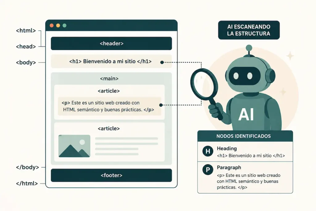 HTML semântico é o uso de tags que comunicam o papel de um elemento na página, não apenas seu estilo visual. Tags como , , e carregam significado por si mesmas. Tags como e não carregam nenhum significado sem atributos adicionais. A IA processa significado, não aparência.