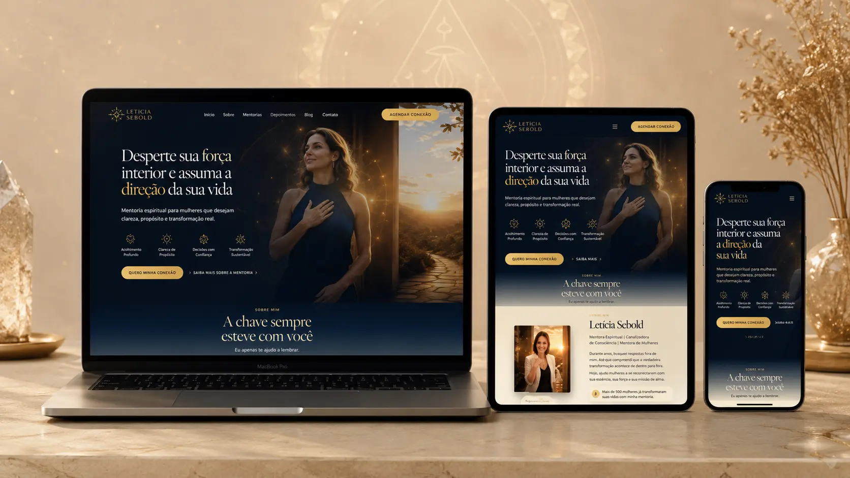 Mockup elegante da landing page Letícia Sebold em desktop e mobile