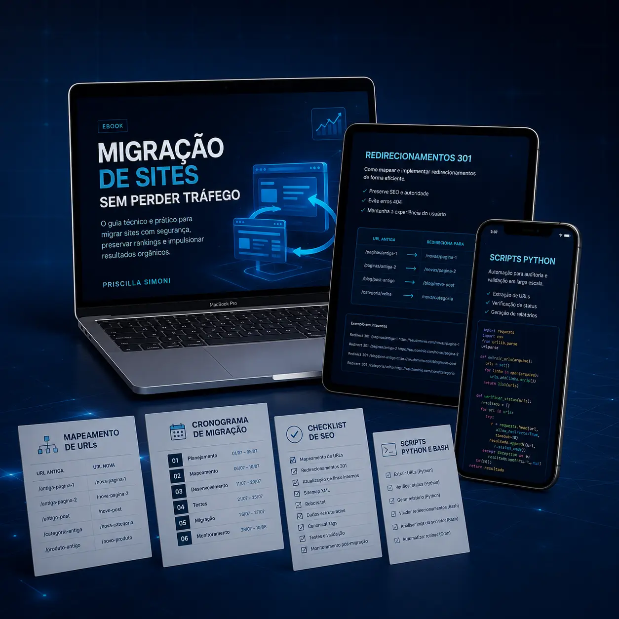 Mockup do ebook Migração de Sites Sem Perder Tráfego exibido em notebook, tablet e smartphone